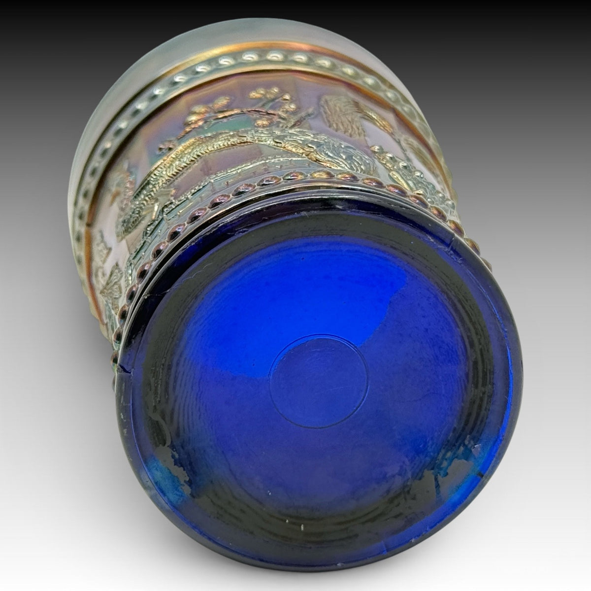 Northwood Peacock At The Fountain Cobalt Blue Carnival Glass Tumbler Antique 4"