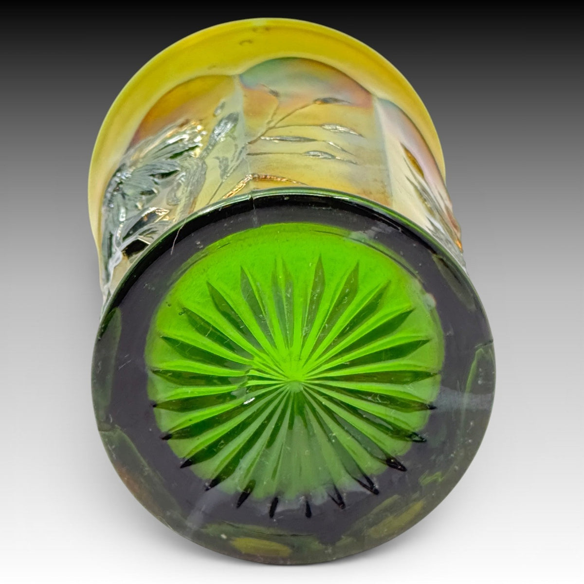 Northwood Dandelion Marigold Carnival Glass Tumbler Olive Green 4 Inches Antique
