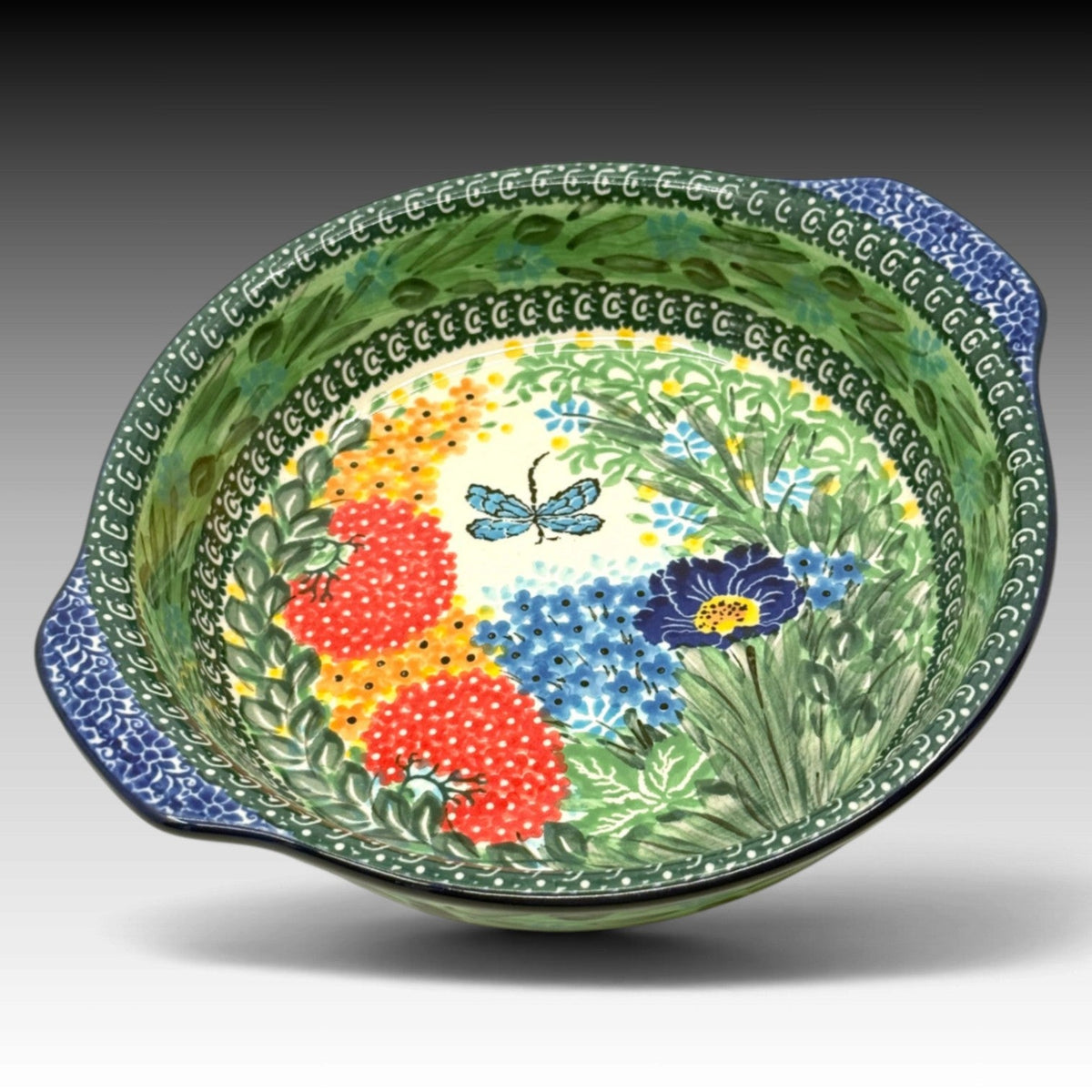 Ceramika Artystyczna Polish Pottery 8" Round Baker Dragonfly Delight UNIKAT view 2