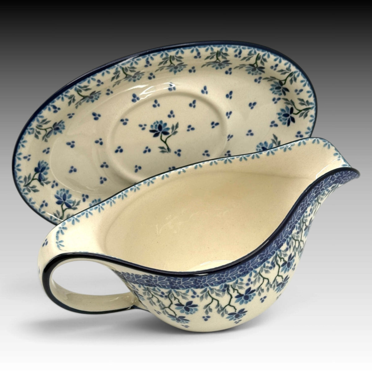 Ceramika Artystyczna Polish Pottery 16 oz Gravy Boat with Plate Clover Fields view 4