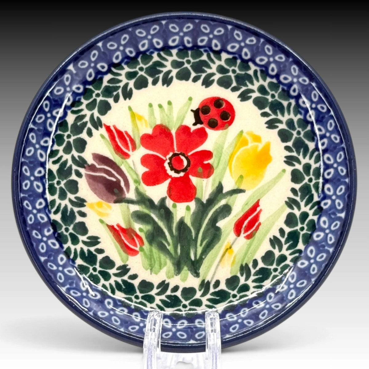 Ceramika Artystyczna Polish Pottery 4" Mini Plate Lady Bug Tulips UNIKAT view 1