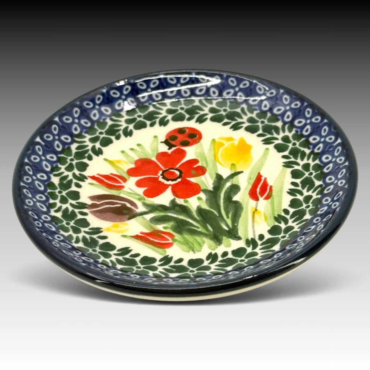 Ceramika Artystyczna Polish Pottery 4" Mini Plate Lady Bug Tulips UNIKAT view 2