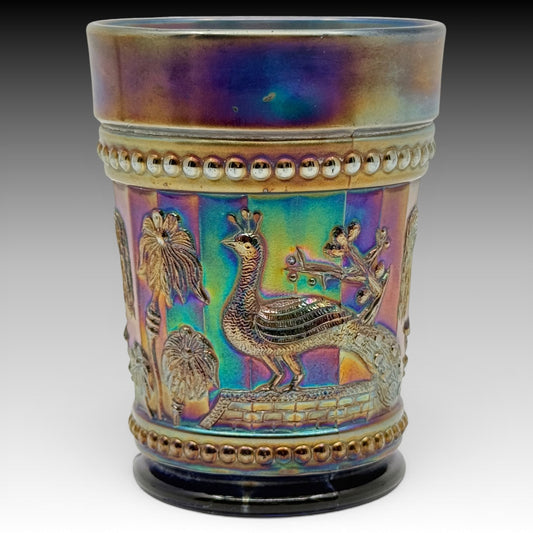 Northwood Peacock At The Fountain Cobalt Blue Carnival Glass Tumbler Antique 4"
