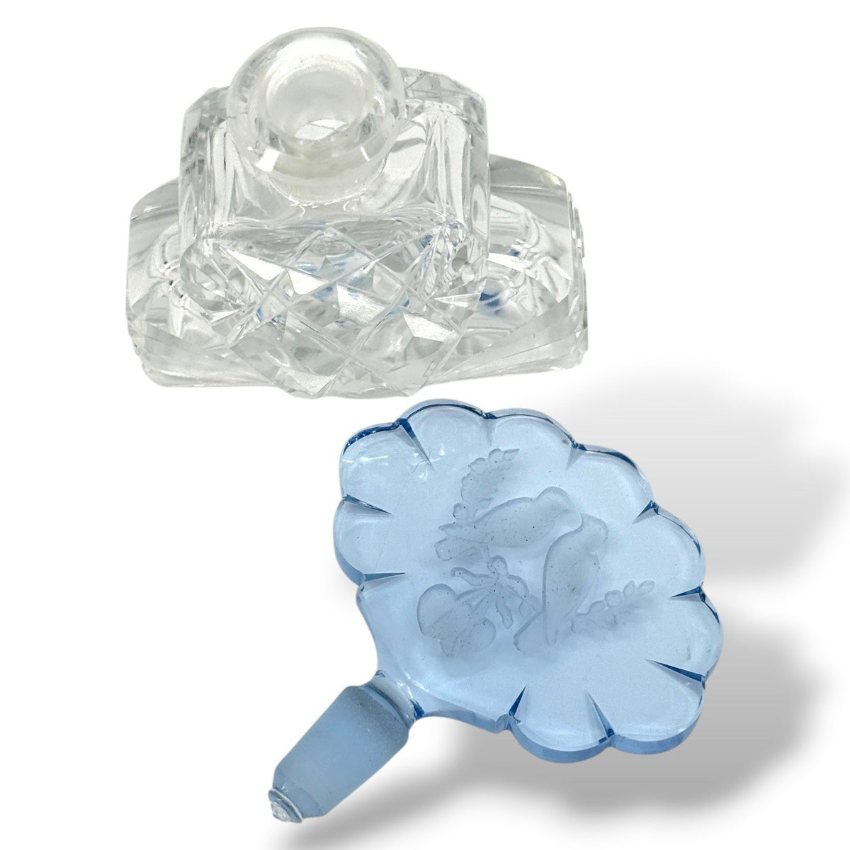 Czech Cut Crystal Art Deco Perfume Bottle With Blue Intaglio Bird Stopper 4 Inch