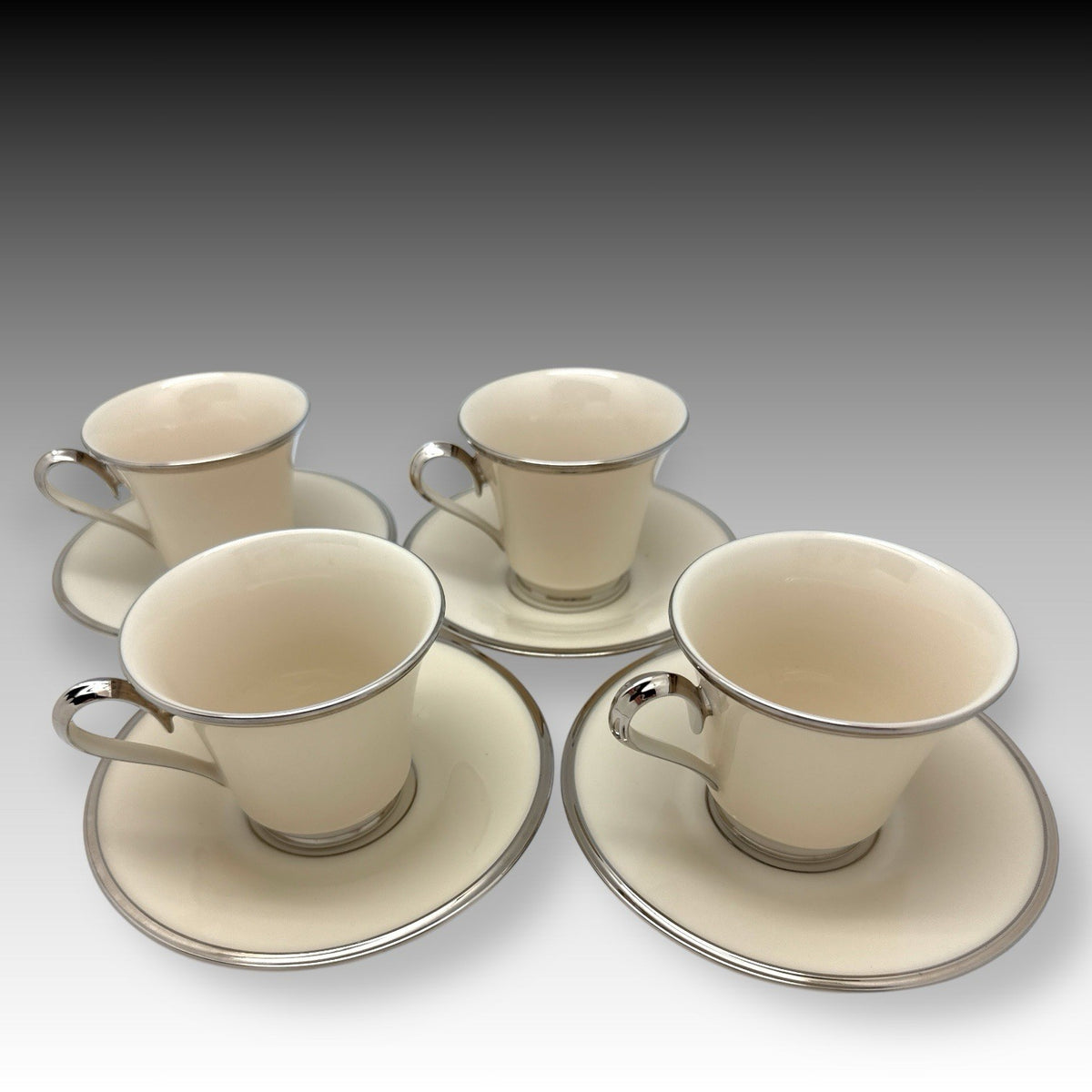 Set of 4 Lenox Solitaire Ivory Platinum 8 oz Cups & Saucers USA Bone China EUC