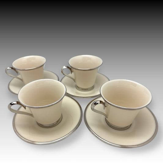 Set of 4 Lenox Solitaire Ivory Platinum 8 oz Cups & Saucers USA Bone China EUC