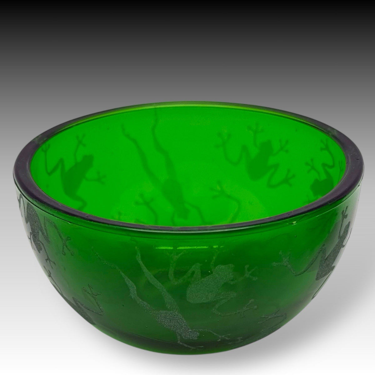 Vintage Pewter FROG on Green Bubble Glass PAPERWEIGHT & Etched FROG BOWL Set