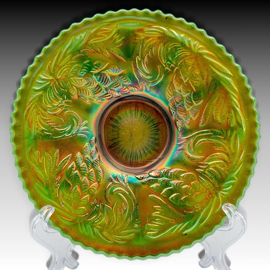 Fenton Pinecone Green Carnival Glass Flat Plate 6.25 Inches Antique Vintage