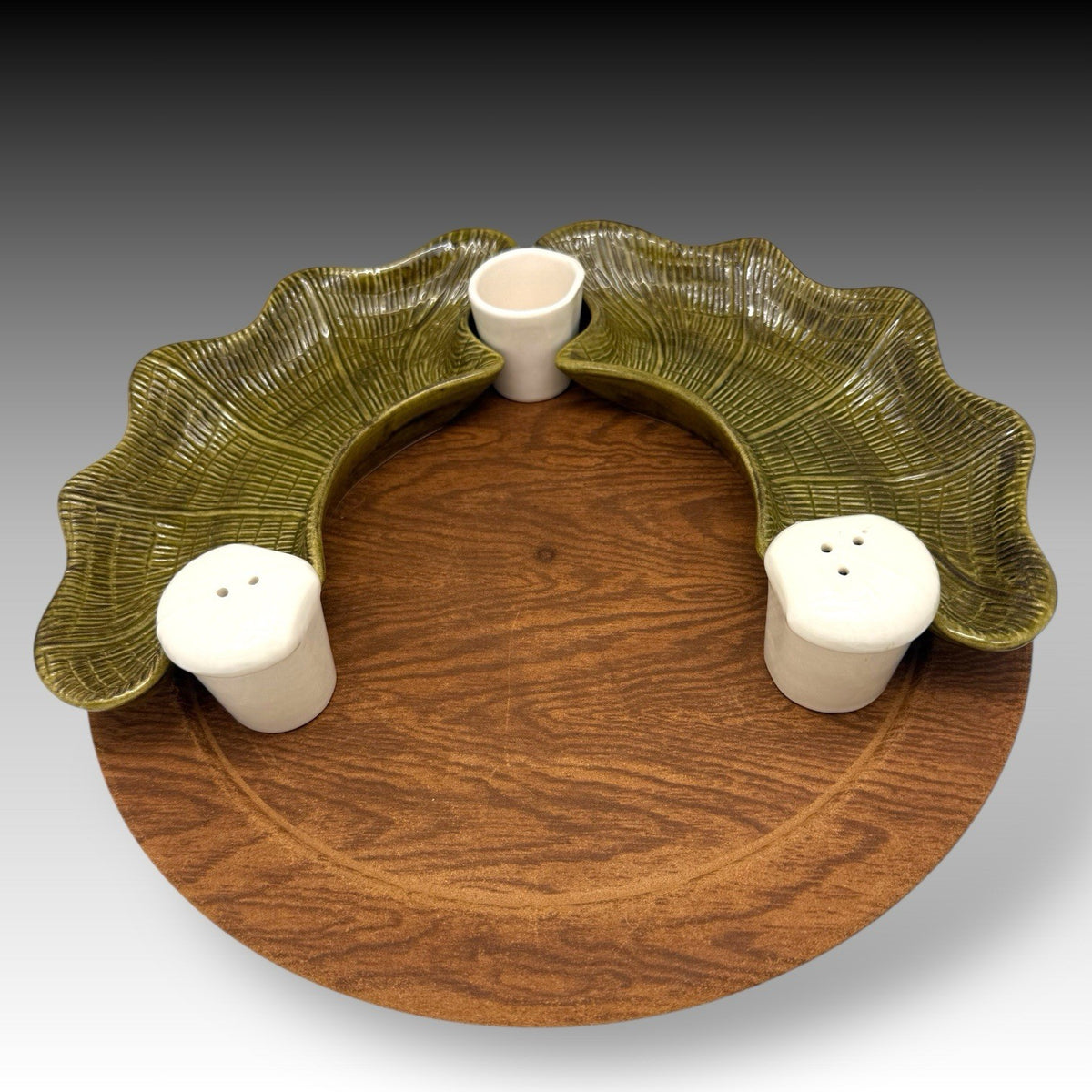 Vintage CALIF USA 570 Lazy Susan Green & White MCM Pottery Server SET Green