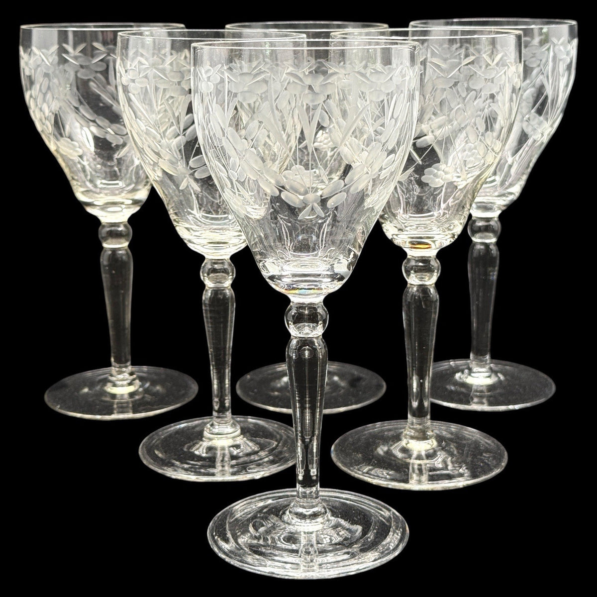 Vintage Etched Floral Crystal Wine Goblets, Set Of 6 Elegant Stemware, 7.75 Inch