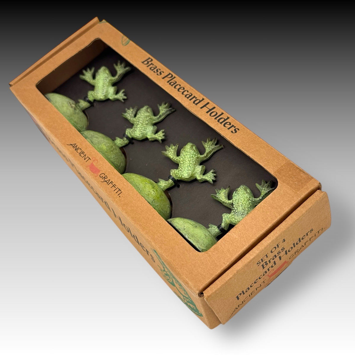 Ancient Graffiti Frog Brass Placecard Holders Set of 4 Green New