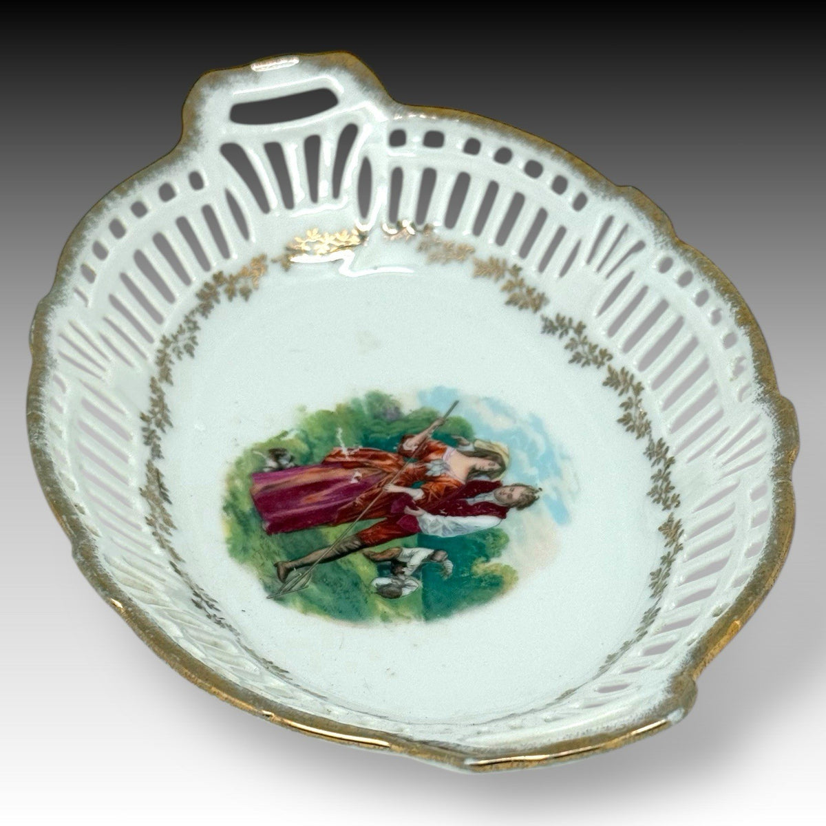 Antique German Porcelain Reticulated Bowl Victorian Couple Gilt Trim 9.5”