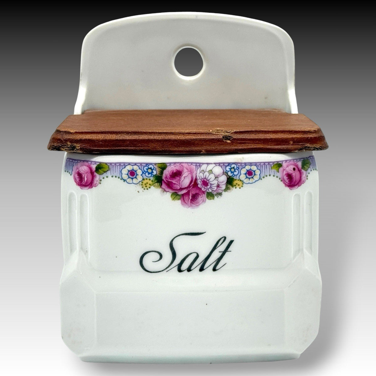 Victoria Czechoslovakia Porcelain Salt Box Wood Lid Floral Wall Hanging Crock