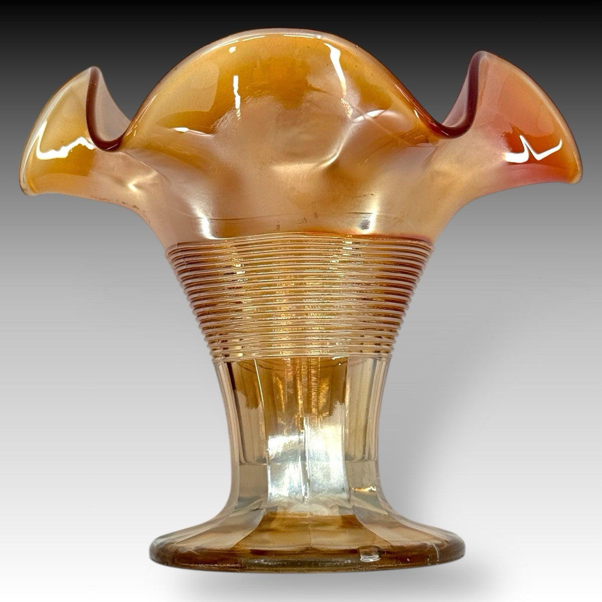 Marigold Carnival Glass Ruffled Vase Ribbed Iridescent Scalloped Vintage 5.5 in