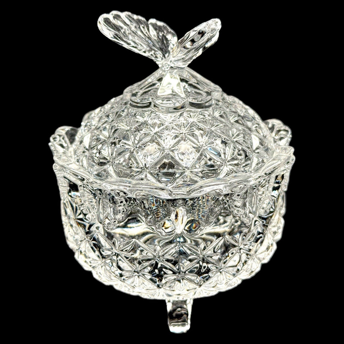 Vintage Butterfly Footed Crystal Covered Candy Dish Trinket Box Heavy 5 Inches