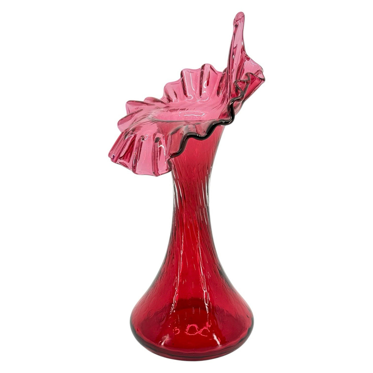 Fenton Cranberry Glass Jack In The Pulpit Vase, Large Ruffled Tulip Vase 10.5"