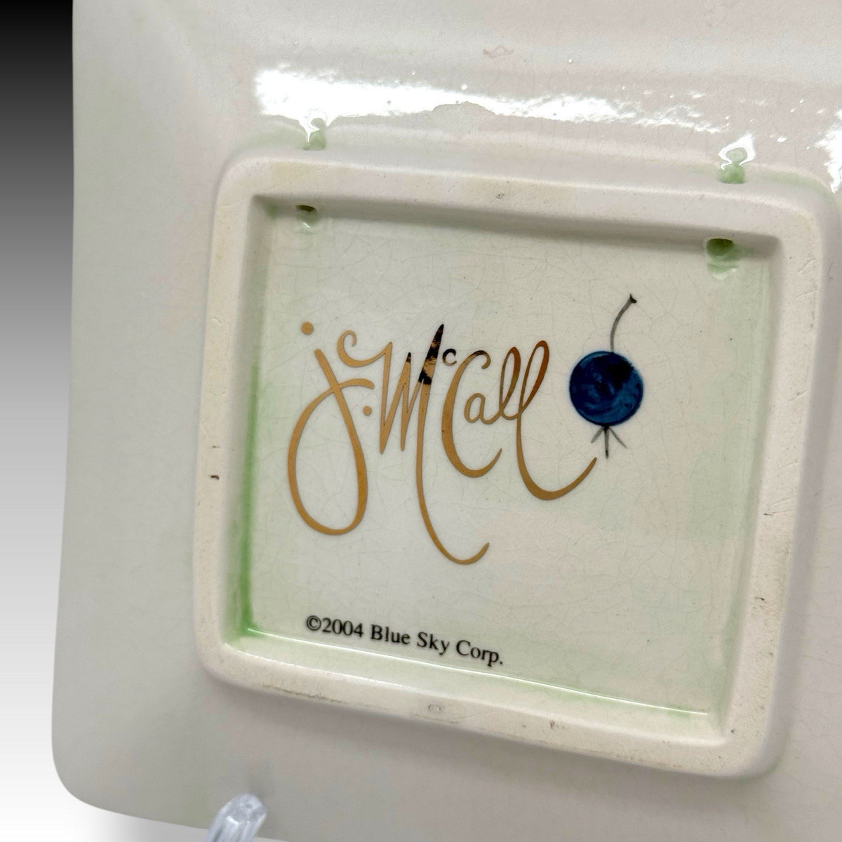 J McCall Blue Sky Peaches Embossed Ceramic Plates Set of 4 2004 5.5” Square