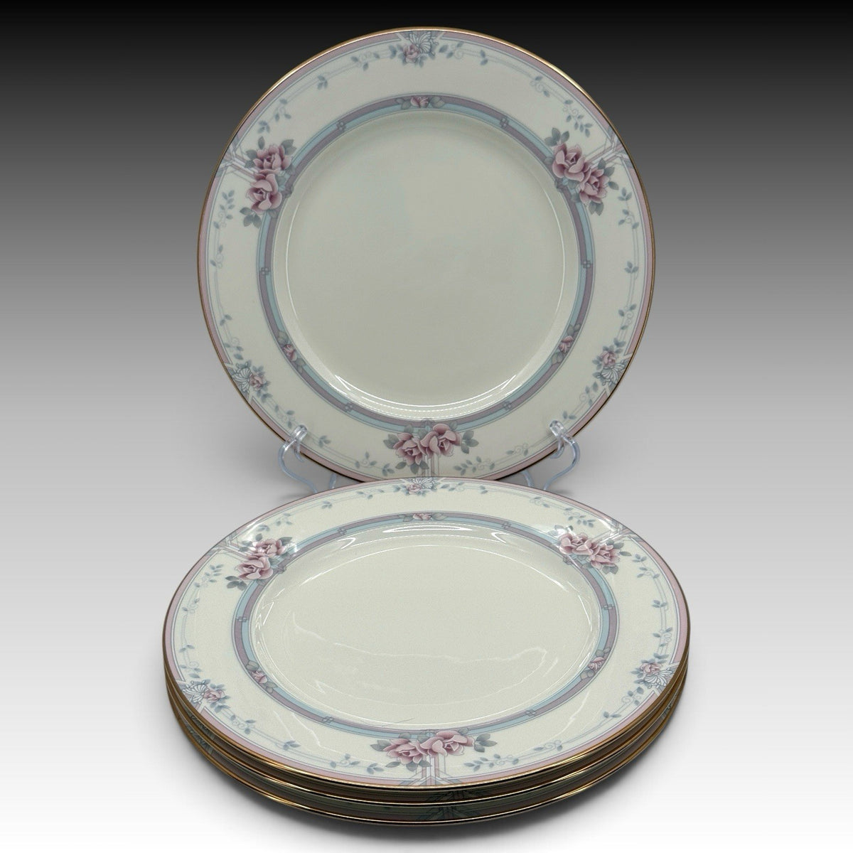 Noritake Magnificence Bone China Dinner Plates Set 4 Gold Rim Pink Roses #9736
