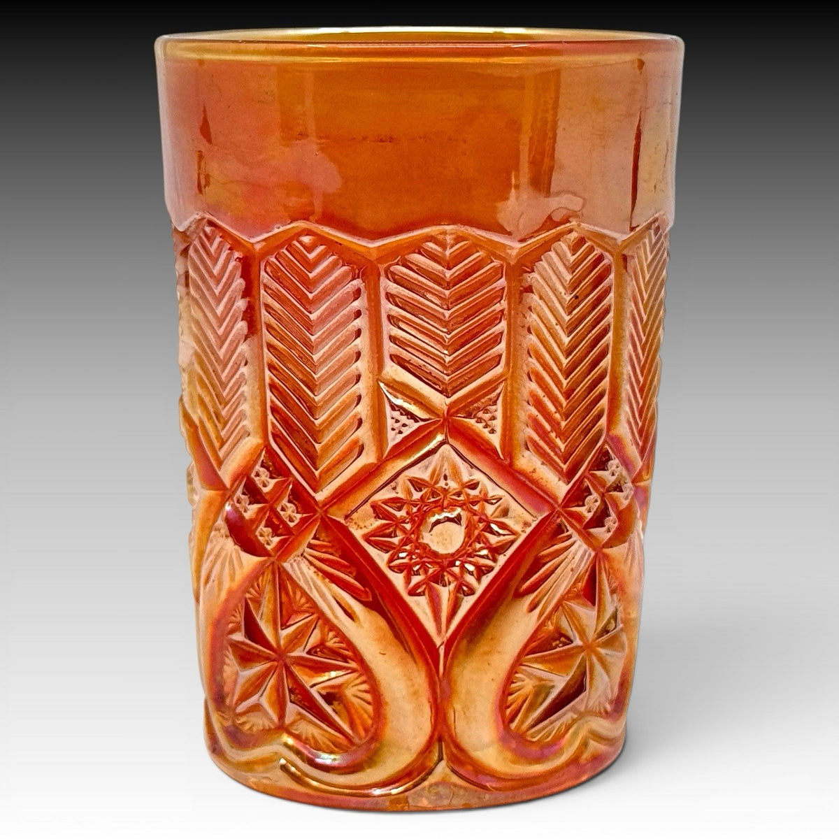 Millersburg Feather & Heart Marigold Carnival Glass Tumbler, Antique 4 Inch RARE