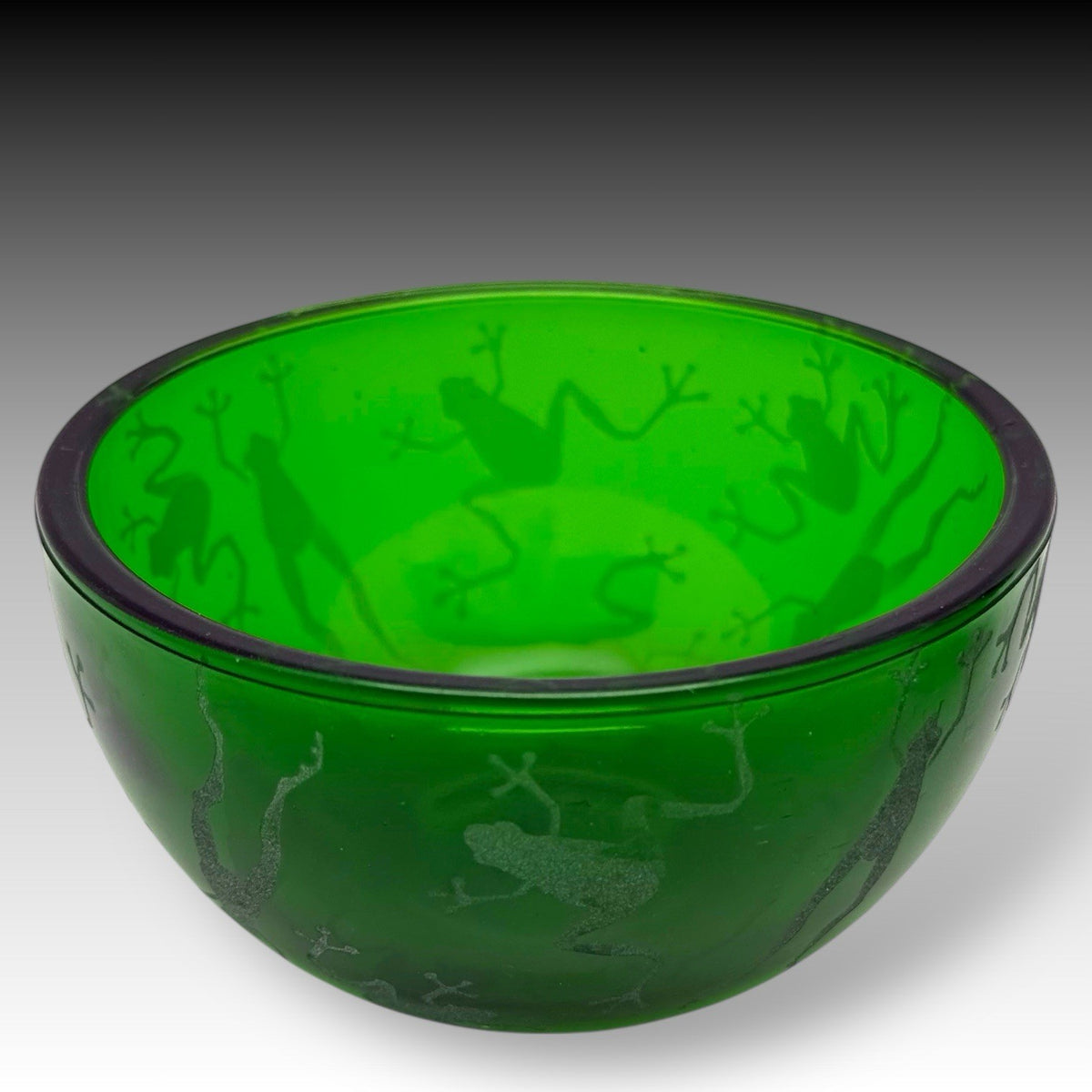 Vintage Pewter FROG on Green Bubble Glass PAPERWEIGHT & Etched FROG BOWL Set