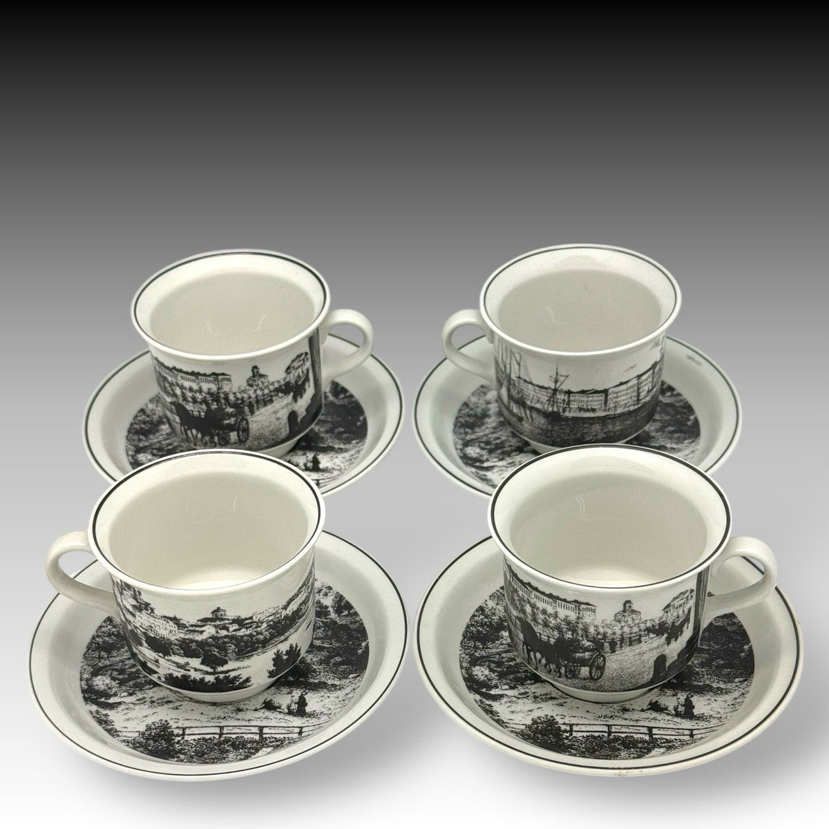 ARABIA Finland HELSINKI Wright 1863 Museum Cups & Saucers Set of 4 – B&W
