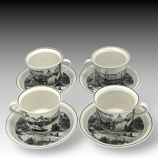 ARABIA Finland HELSINKI Wright 1863 Museum Cups & Saucers Set of 4 – B&W