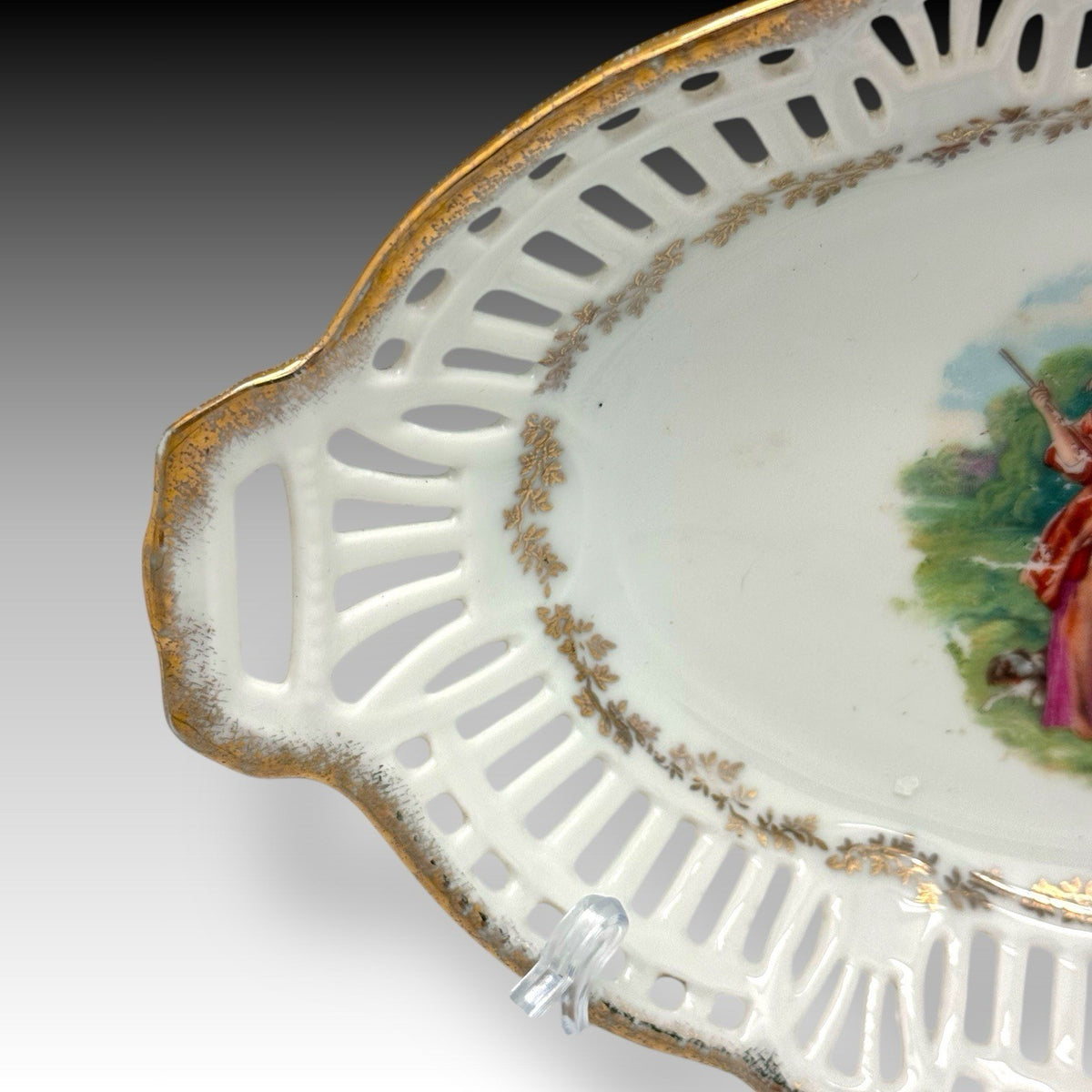 Antique German Porcelain Reticulated Bowl Victorian Couple Gilt Trim 9.5”