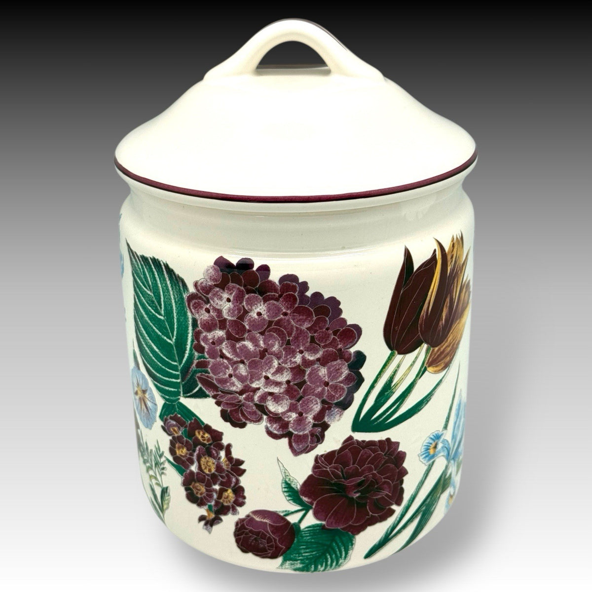 Vintage Japan Ceramic Canister Jar with Blue & Burgundy Flowers 9.5" Lidded