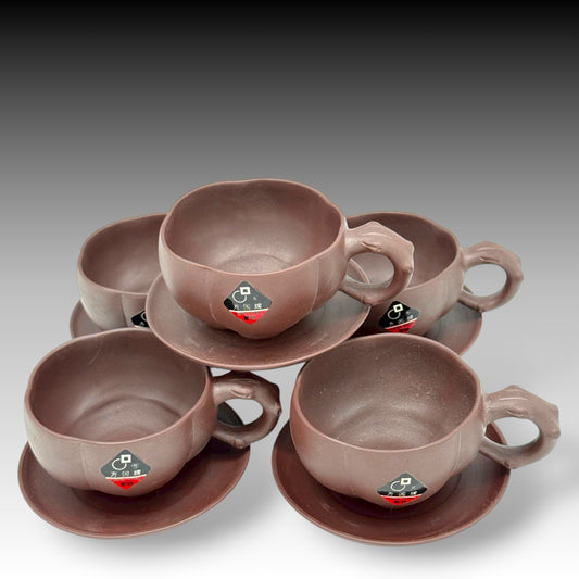 Yixing Zisha Clay Lingzhi Cups & Saucers Set of 5 Handmade China 20th Century