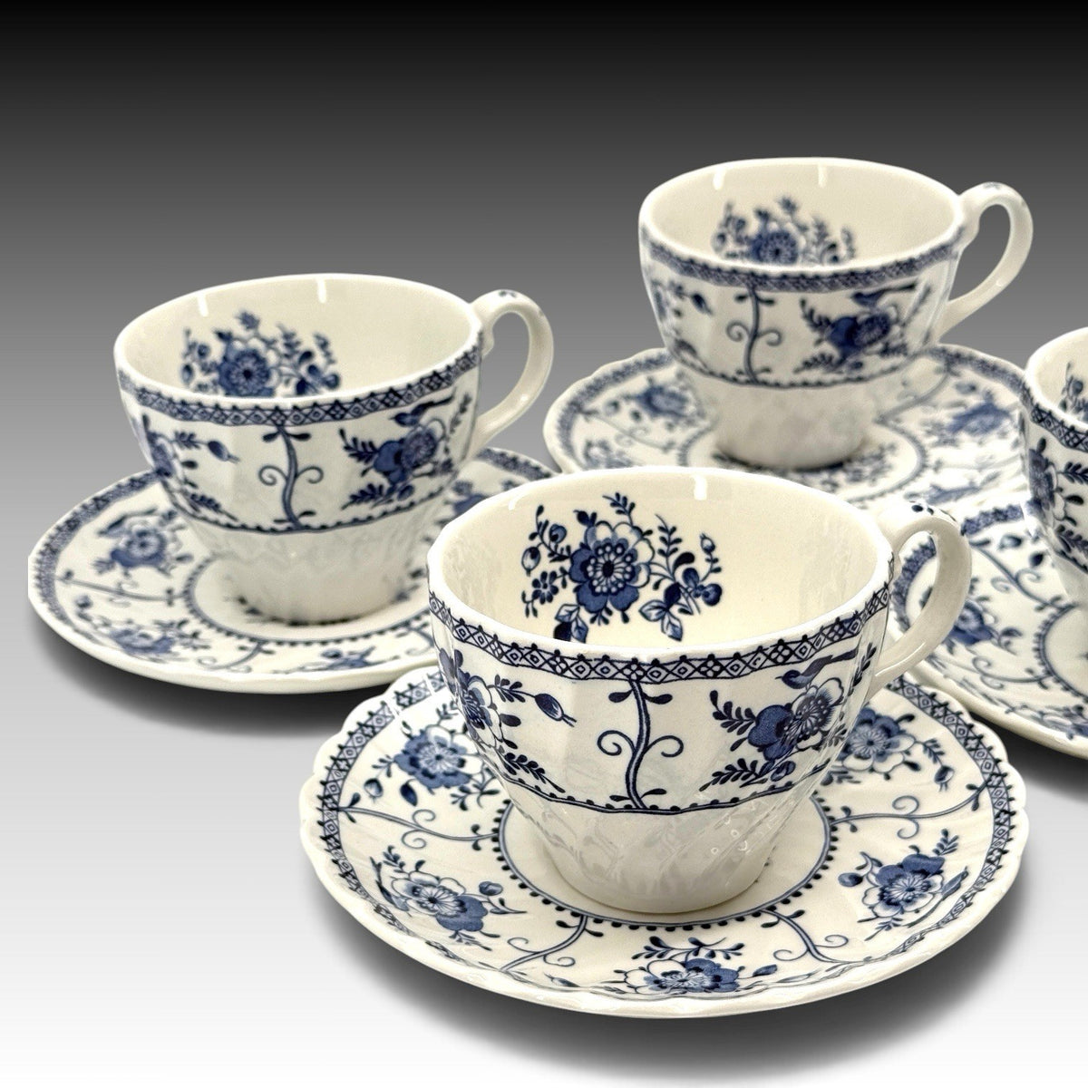 Johnson Brothers Indies Blue White Ironstone Cups Saucers England Set 4 Vintage