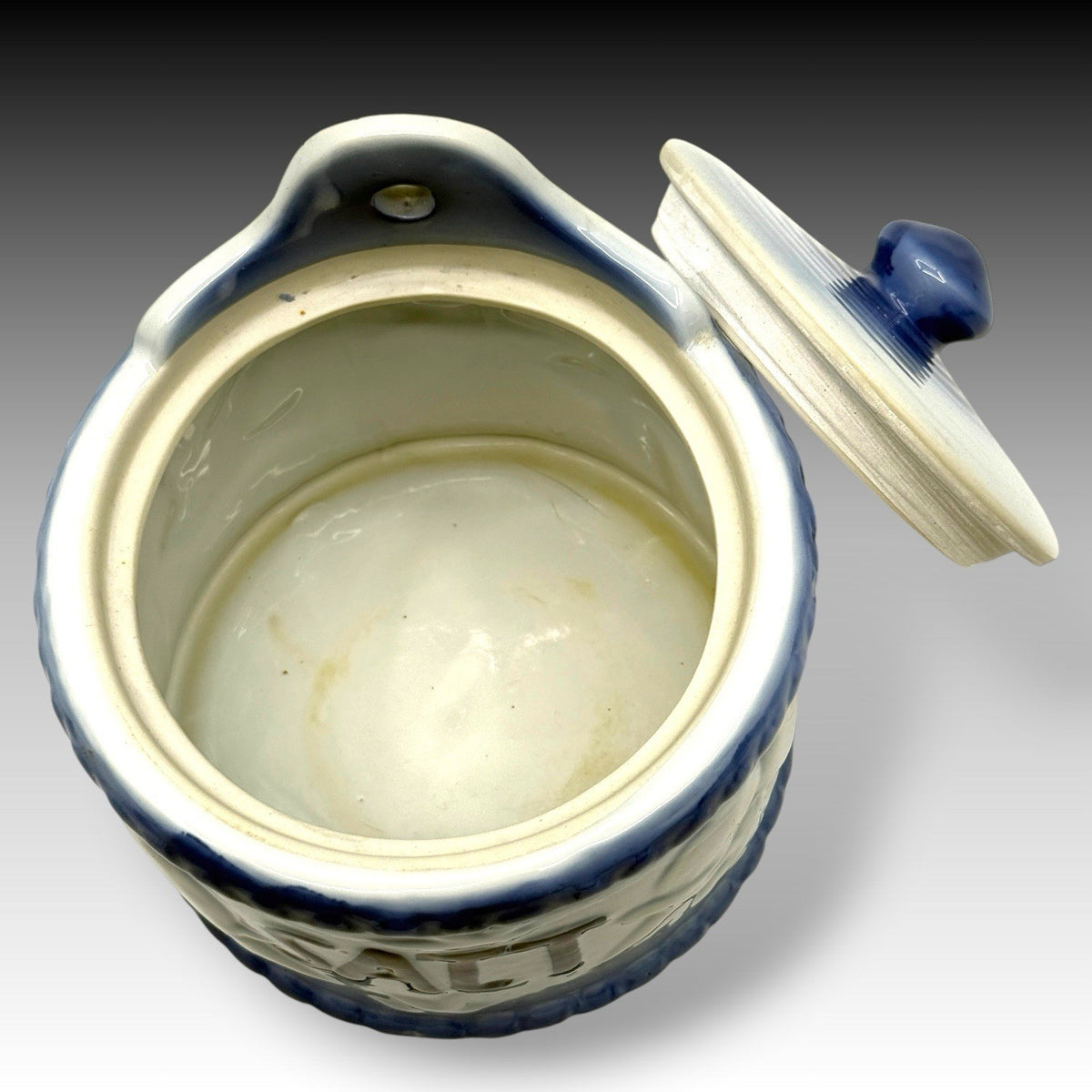 Antique Blue White Stoneware Hanging Salt Crock Box Embossed Birds Wall Mounted