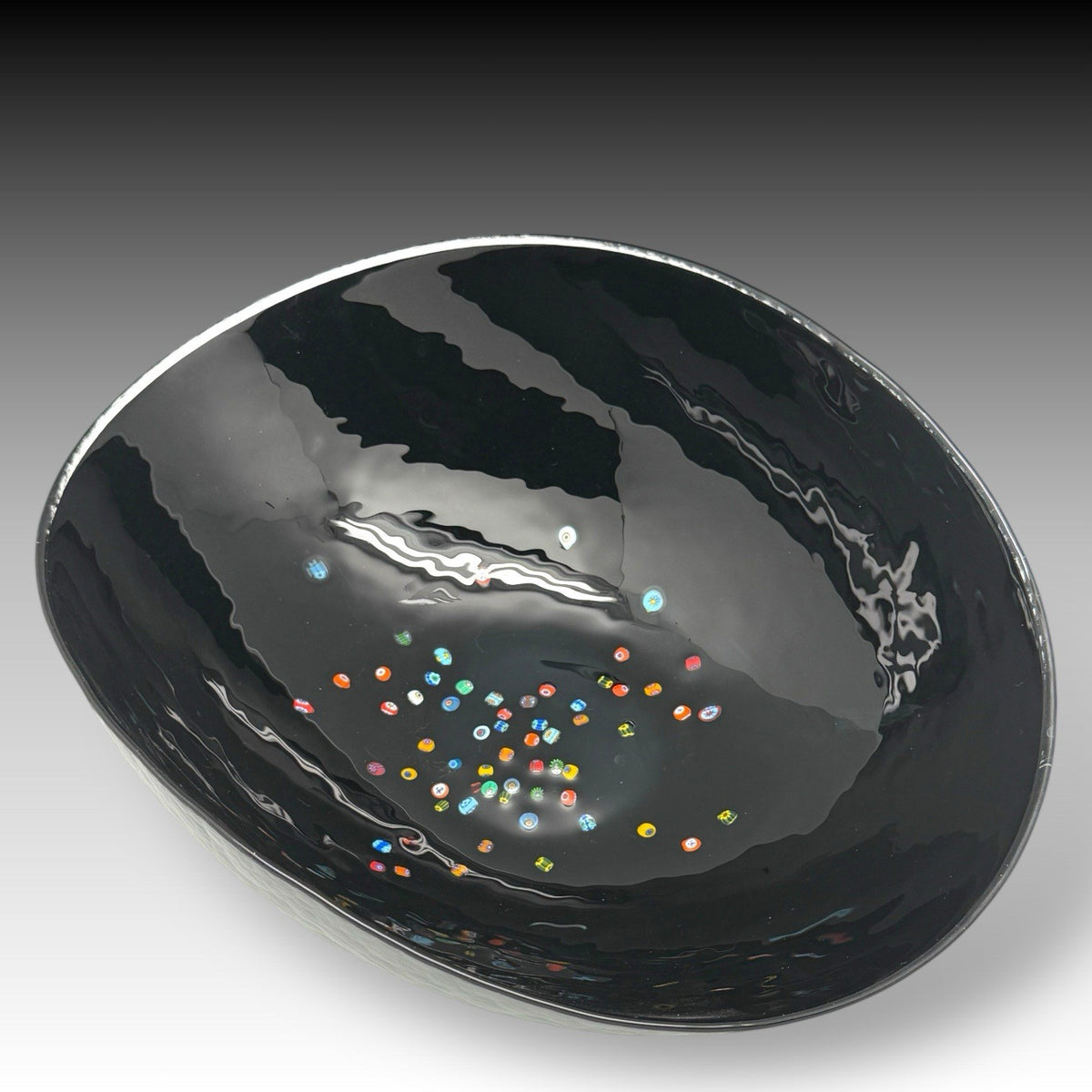 YALOS CASA Murano Black Art Glass Bowl with MILLEFIORI Accents ITALY 15 Inches
