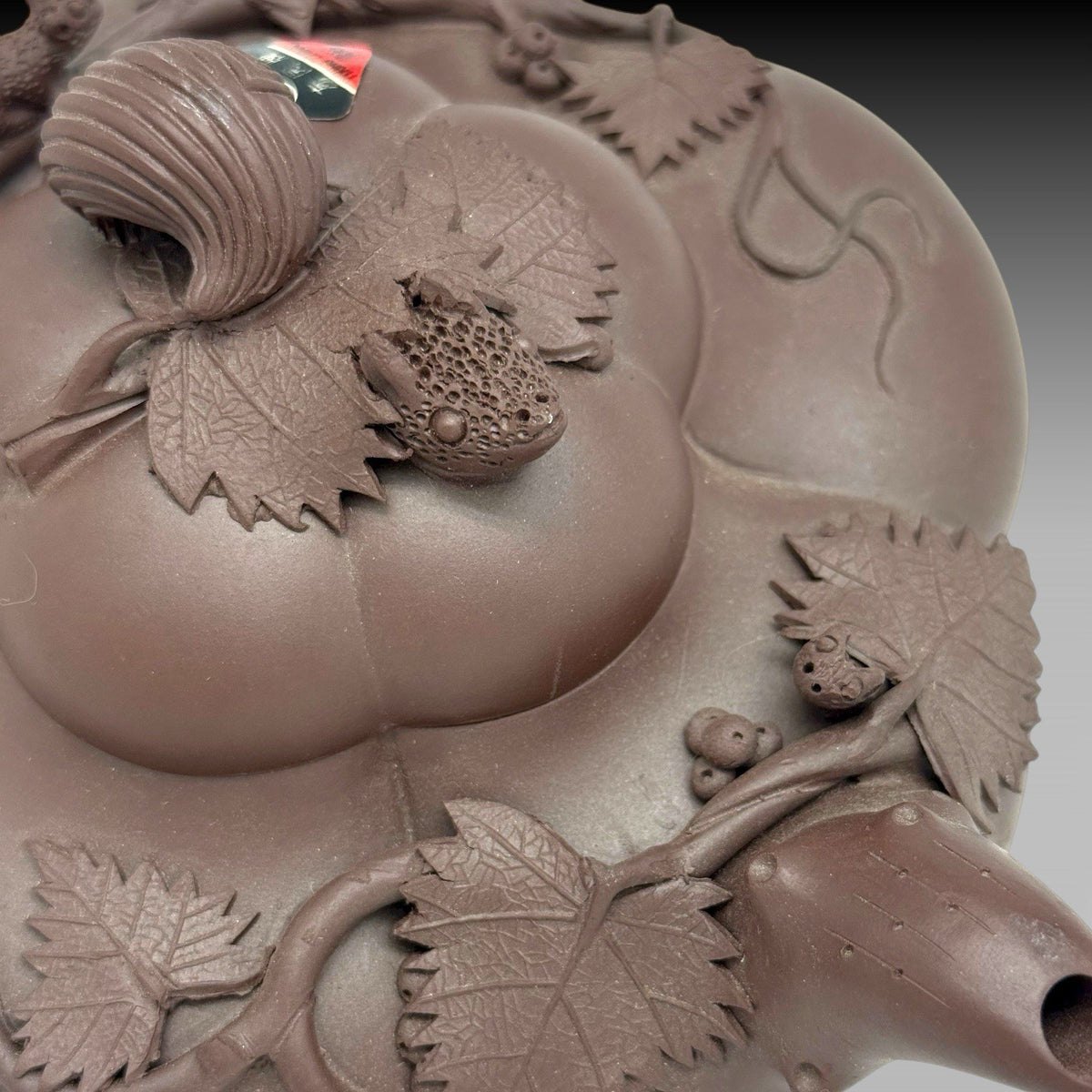 Yixing Zisha Clay Lingzhi Teapot Frog & Squirrel Design Handmade China 20th C.