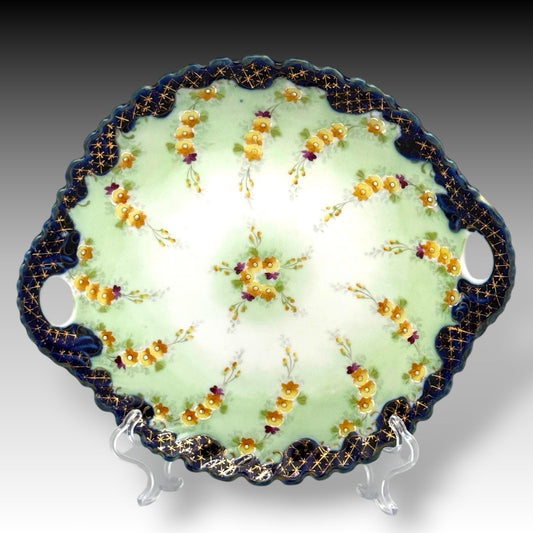 Hand Painted European Porcelain Vanity Dish Yellow Flowers Cobalt & Gold 11"