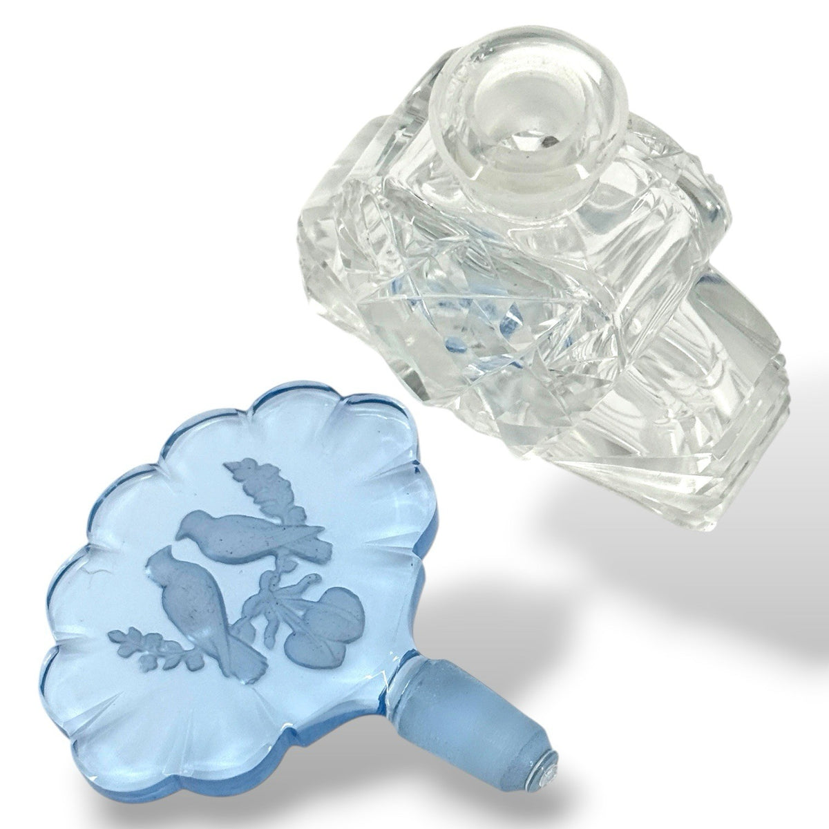 Czech Cut Crystal Art Deco Perfume Bottle With Blue Intaglio Bird Stopper 4 Inch