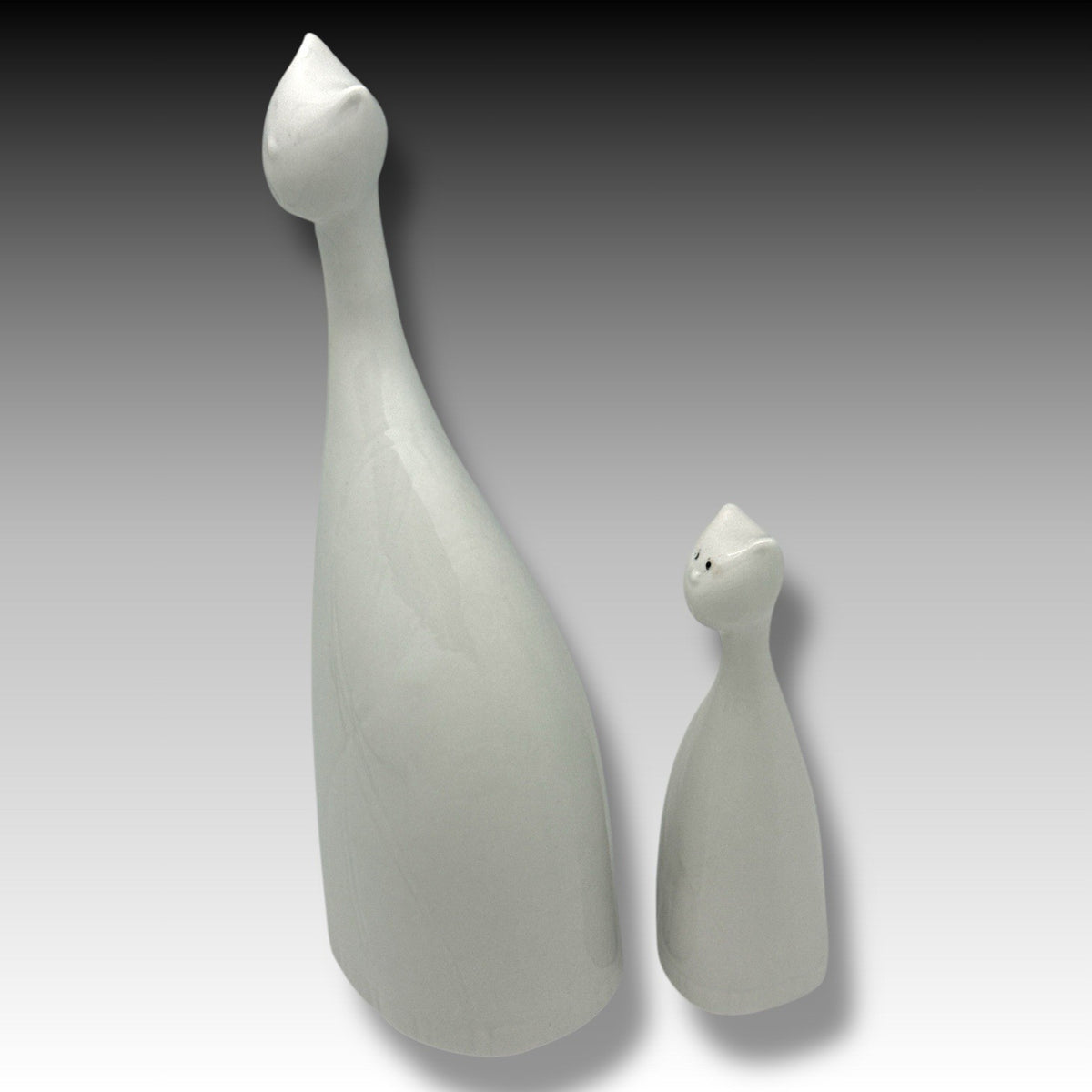 Mid Century Modern White Porcelain Cat Trio Long Neck Glossy Cats Figurines MCM