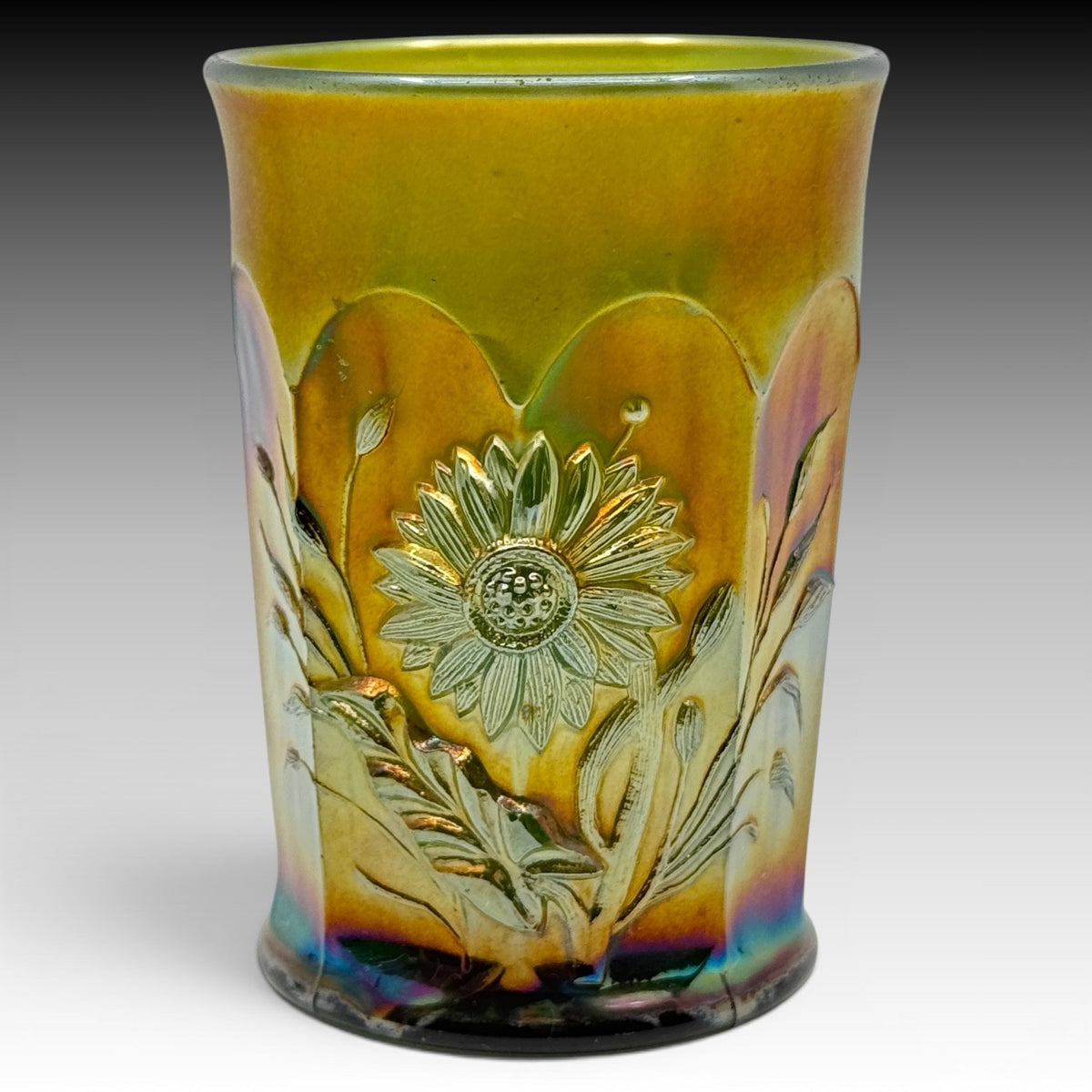 Northwood Dandelion Marigold Carnival Glass Tumbler Olive Green 4 Inches Antique