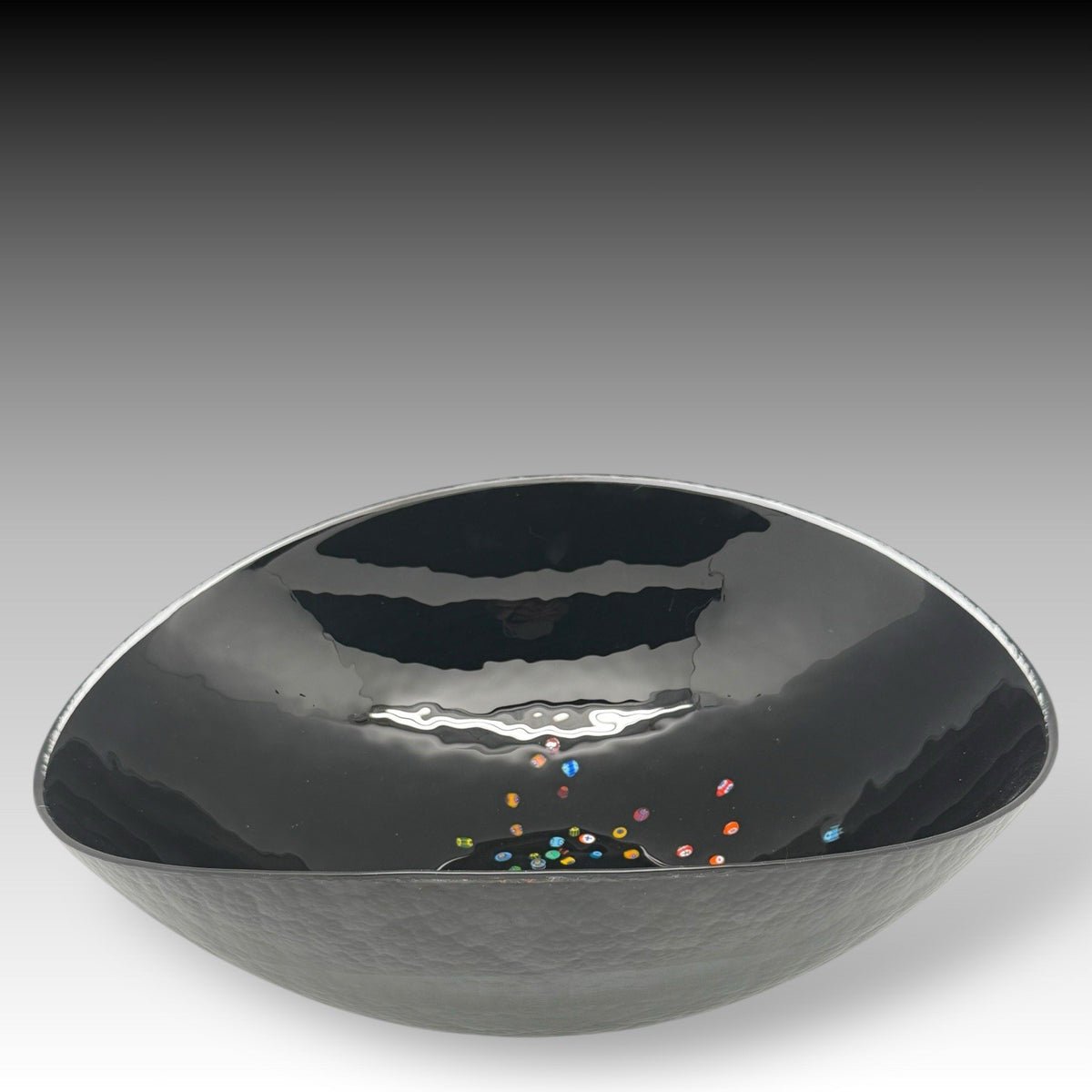 YALOS CASA Murano Black Art Glass Bowl with MILLEFIORI Accents ITALY 15 Inches