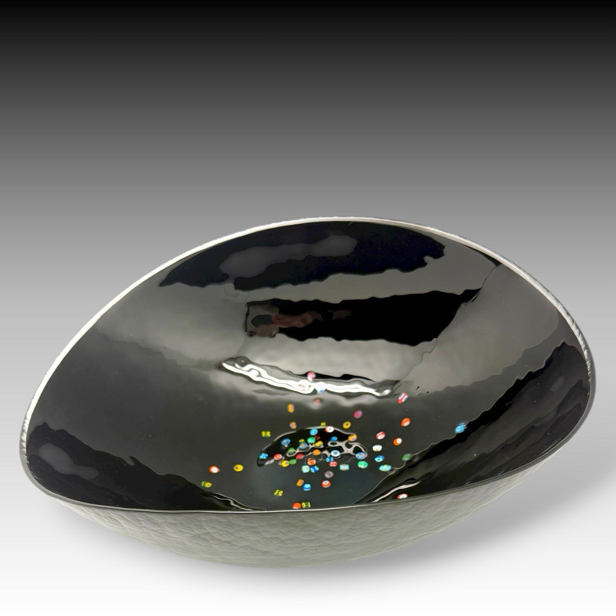 YALOS CASA Murano Black Art Glass Bowl with MILLEFIORI Accents ITALY 15 Inches