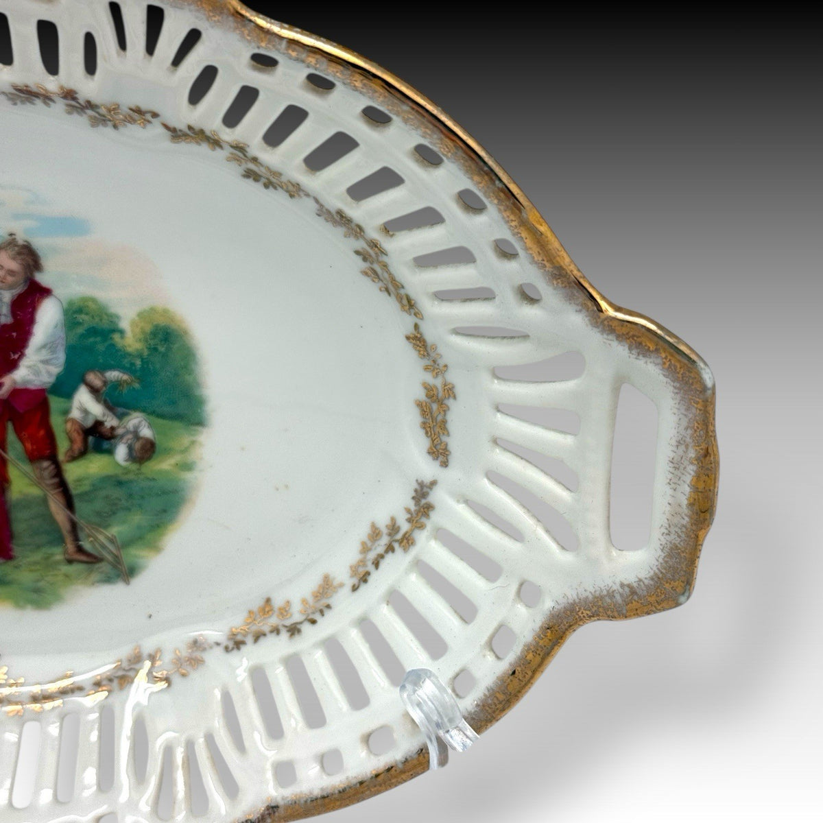 Antique German Porcelain Reticulated Bowl Victorian Couple Gilt Trim 9.5”