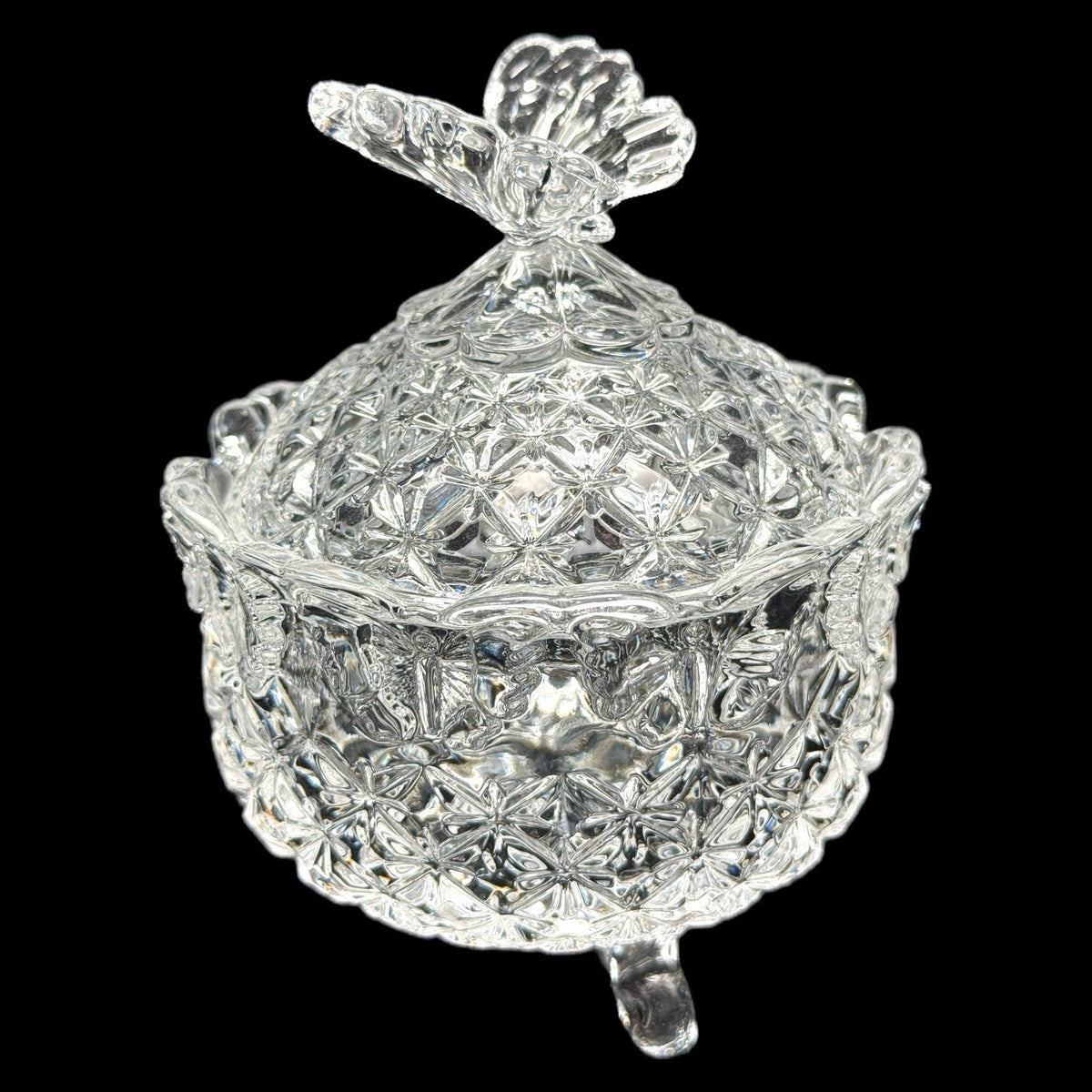 Vintage Butterfly Footed Crystal Covered Candy Dish Trinket Box Heavy 5 Inches