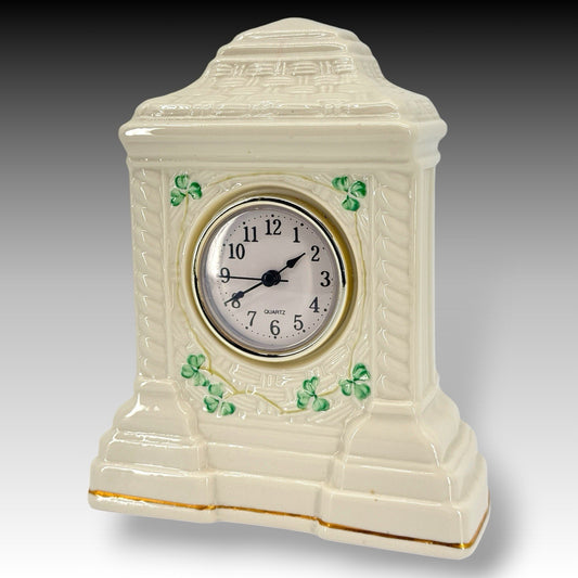 Belleek Cashel Shamrock Mantel Clock Irish Porcelain Quartz Clock 7.5 Inches