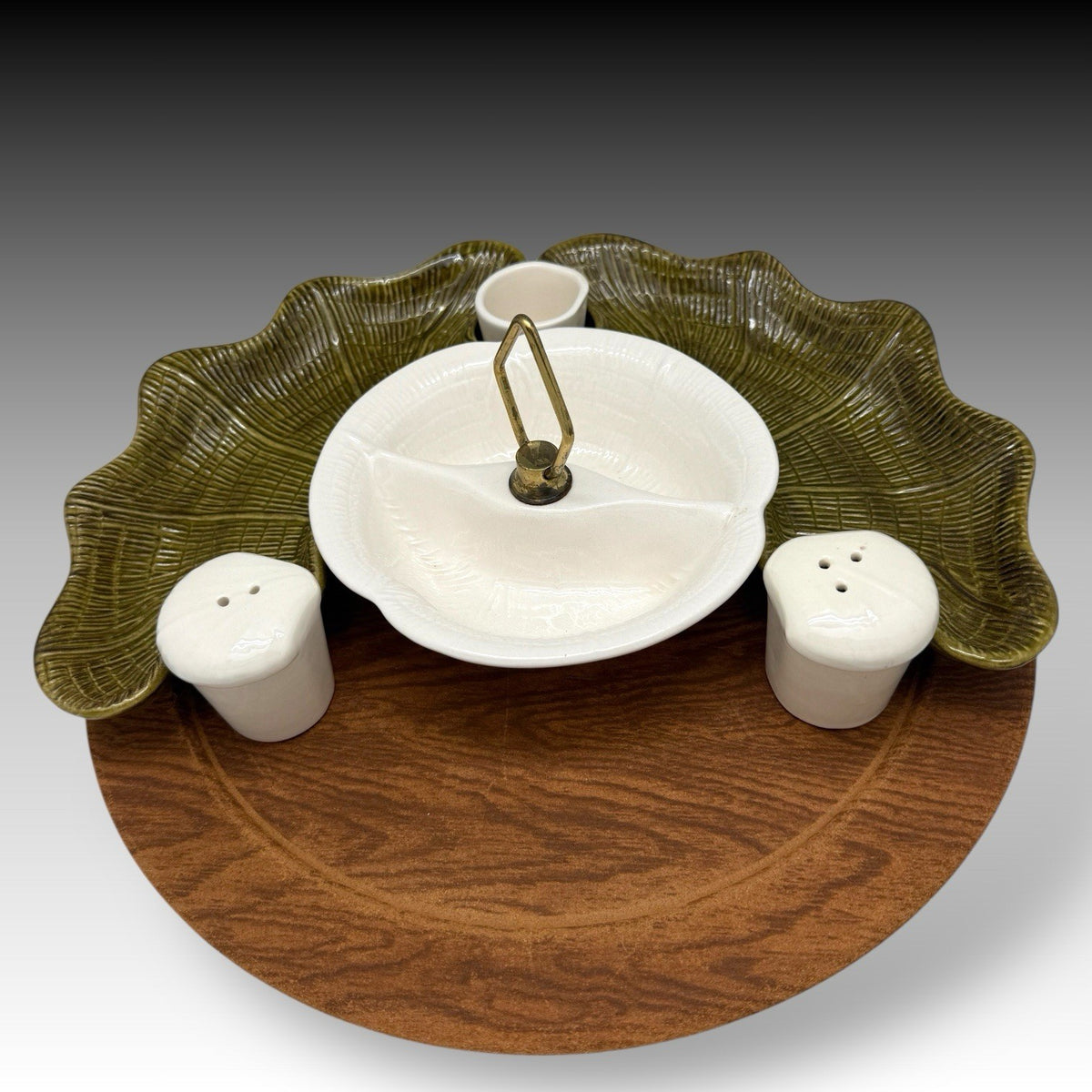 Vintage CALIF USA 570 Lazy Susan Green & White MCM Pottery Server SET Green