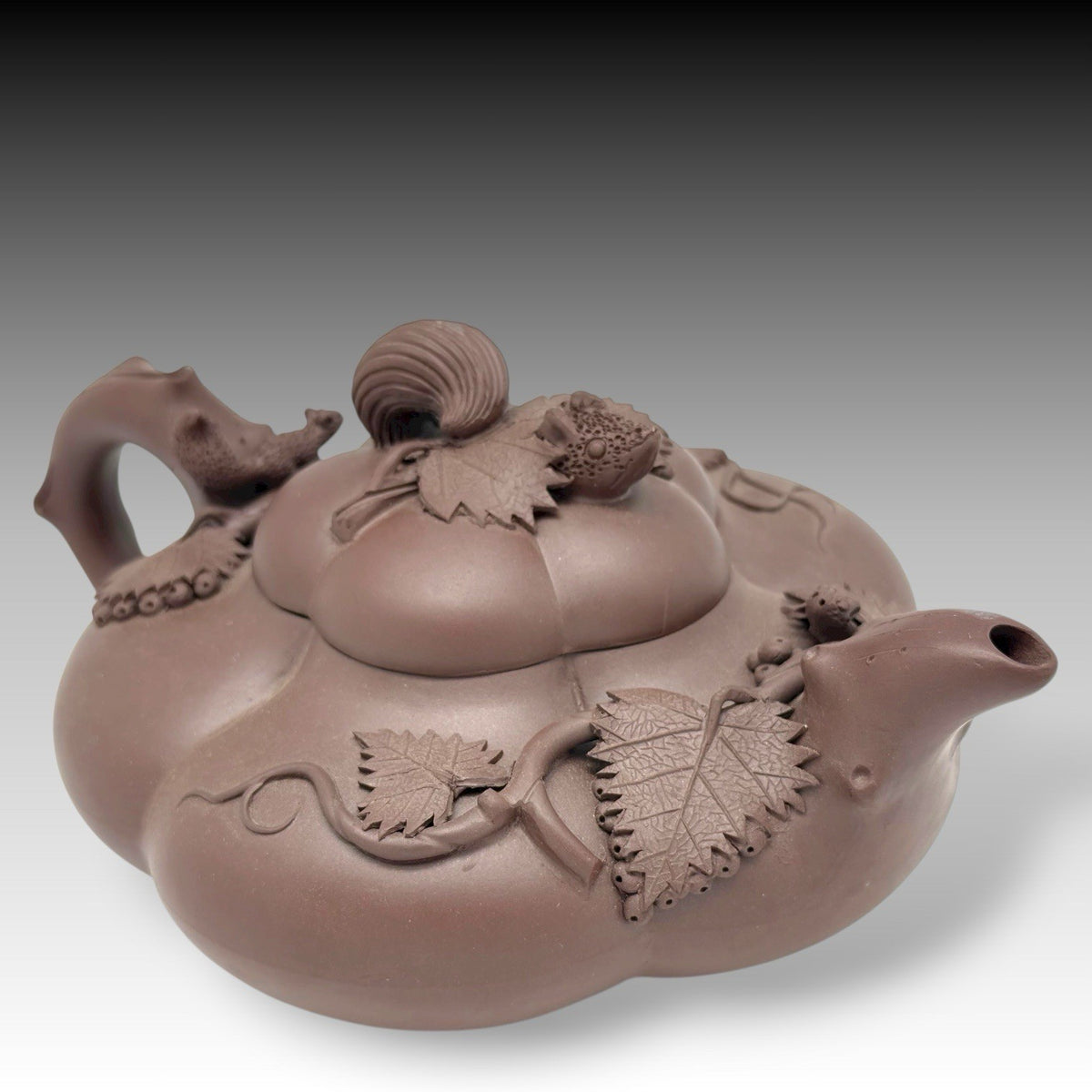 Yixing Zisha Clay Lingzhi Teapot Frog & Squirrel Design Handmade China 20th C.
