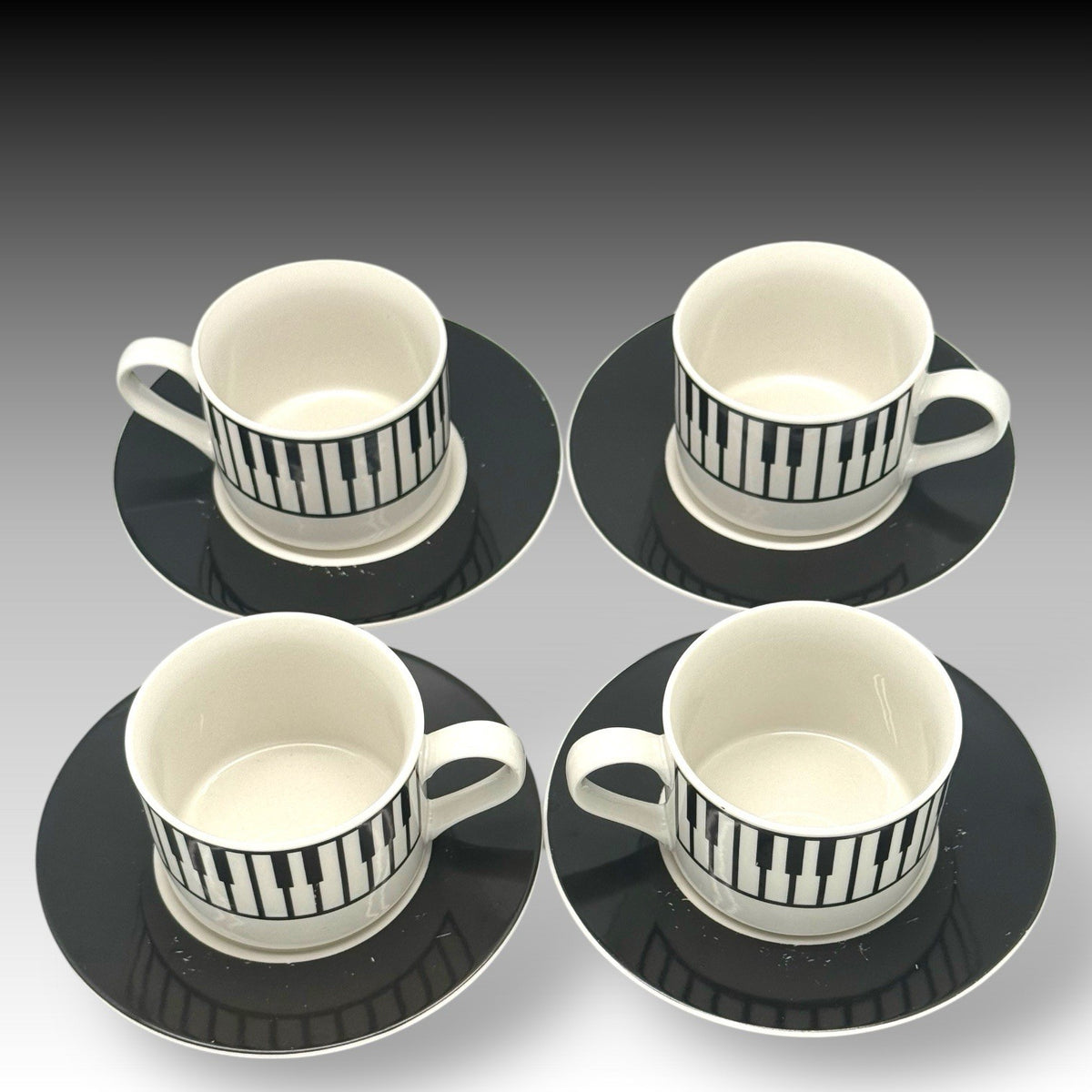 Set of 4 ALBERT ELOVITZ Piano Keys CUPS & SAUCERS Black & White Stoneware 1998