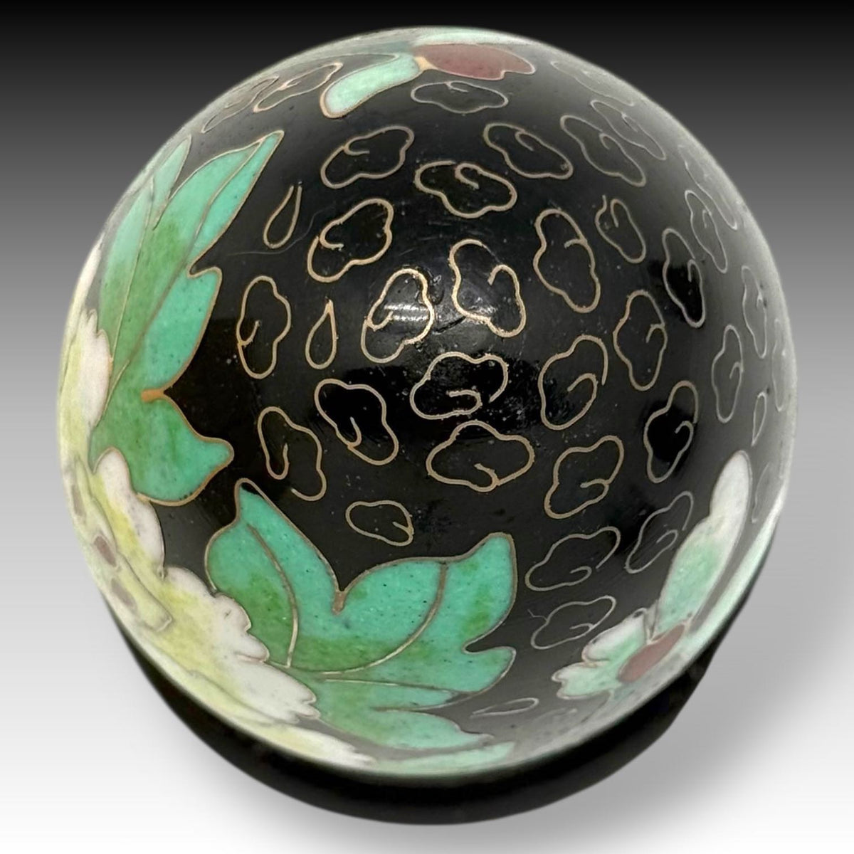 Set of 4 Vintage CHINESE CLOISONNÉ on COPPER EGGS – Lotus Motif with Wood Stands