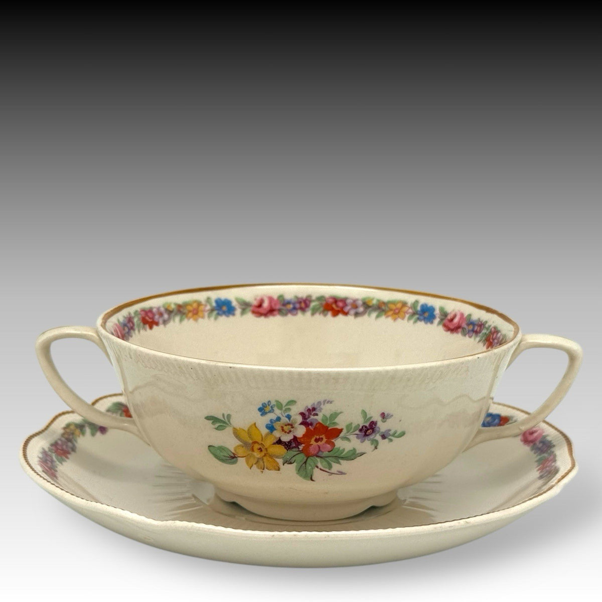 4 Johnson Brothers “Marlow” Old Staffordshire Flat Cream Soup Bowls and Saucers