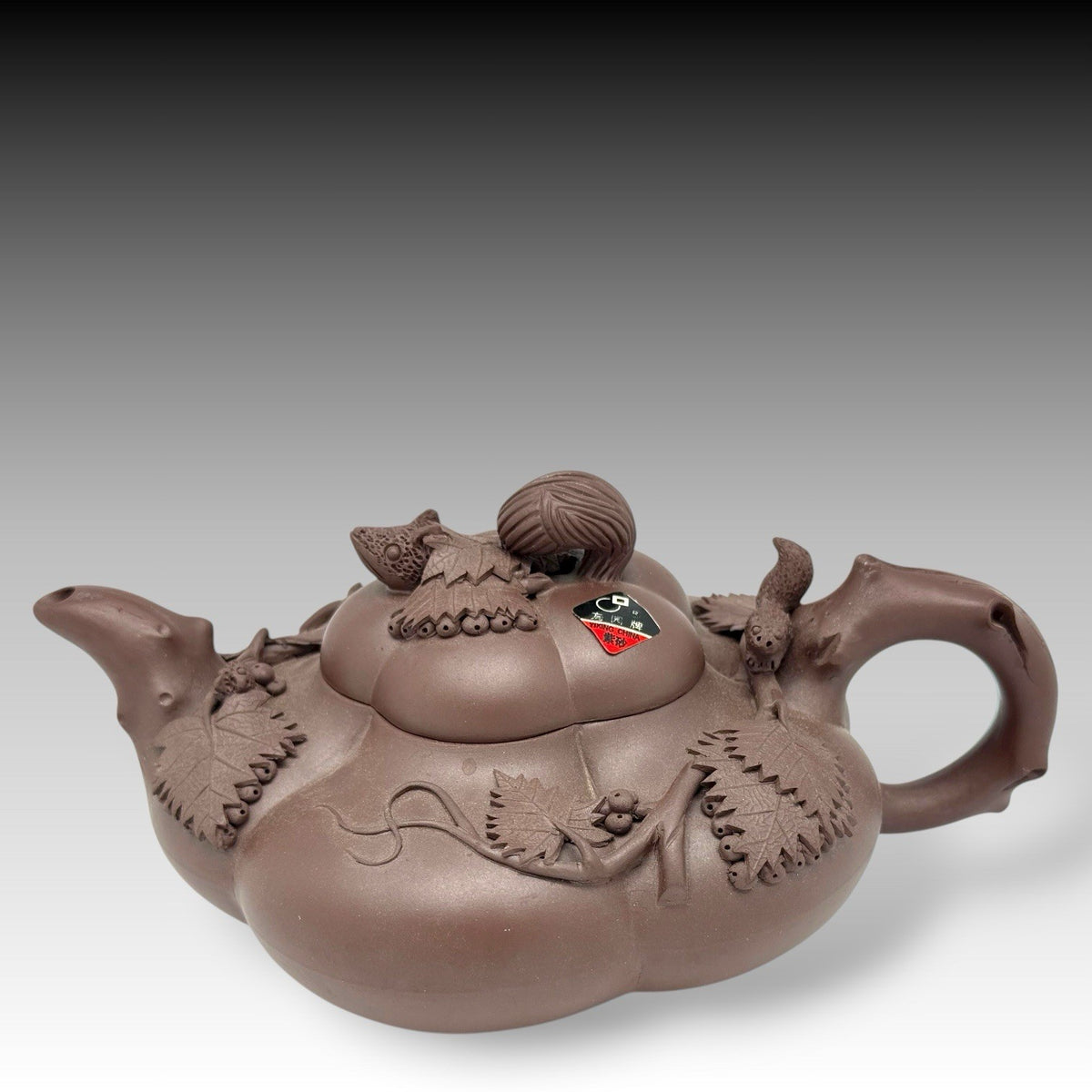 Yixing Zisha Clay Lingzhi Teapot Frog & Squirrel Design Handmade China 20th C.
