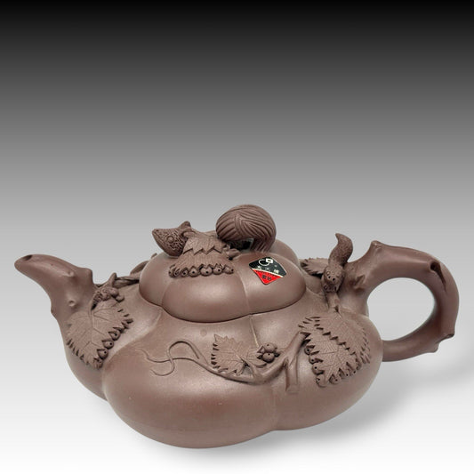 Yixing Zisha Clay Lingzhi Teapot Frog & Squirrel Design Handmade China 20th C.
