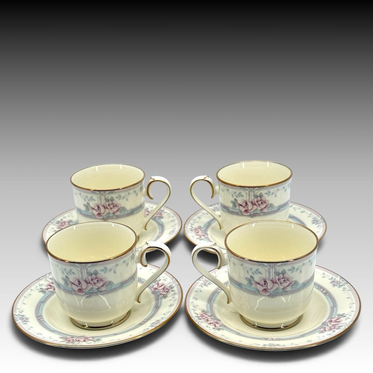 Noritake Magnificence 9736 Bone China Cup & Saucer Set of 4 Gold Trim Japan 8 Pc